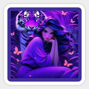 Fantasy girl with tiger in purple aesthetic Sticker